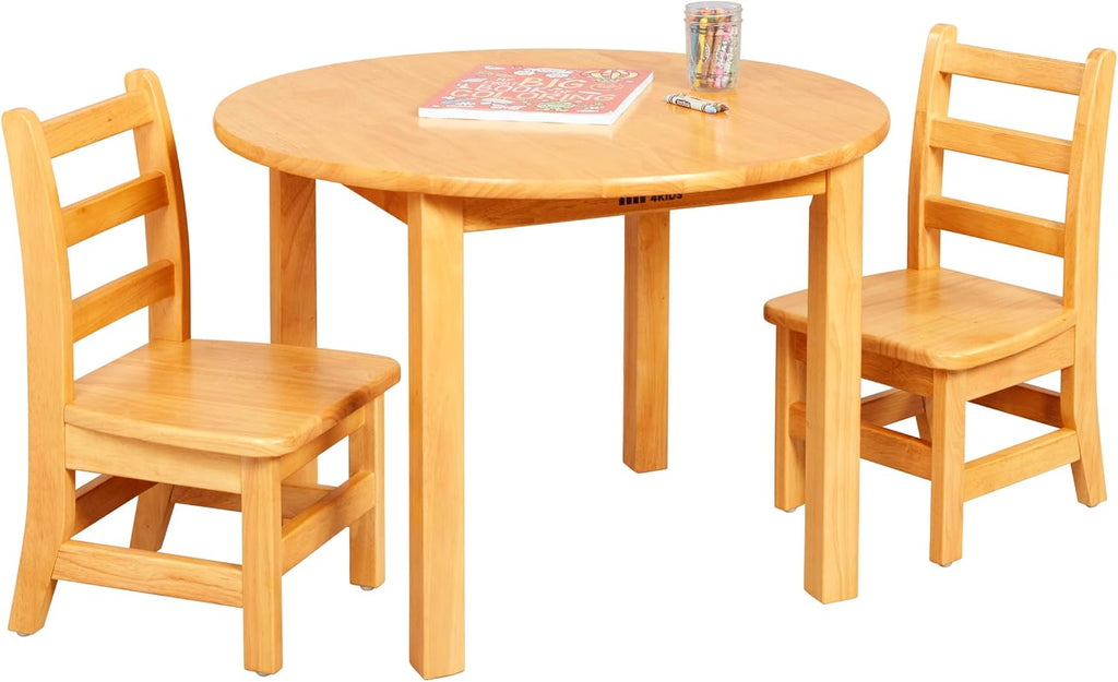 ECR4Kids 30in D Round Hardwood Table with 20in Legs and Two 10in Chairs, Kids Furniture, Honey, 3-Piece | Durable rubberwood, GREENGUARD Gold Certified, ANSI/BIFMA Compliant, 2-4 years, 74 lb seat capacity, classroom & home use