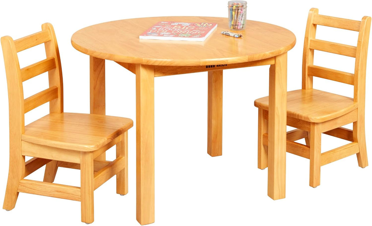 ECR4Kids 30in D Round Hardwood Table with 20in Legs and Two 10in Chairs, Kids Furniture, Honey, 3-Piece | Durable rubberwood, GREENGUARD Gold Certified, ANSI/BIFMA Compliant, 2-4 years, 74 lb seat capacity, classroom & home use