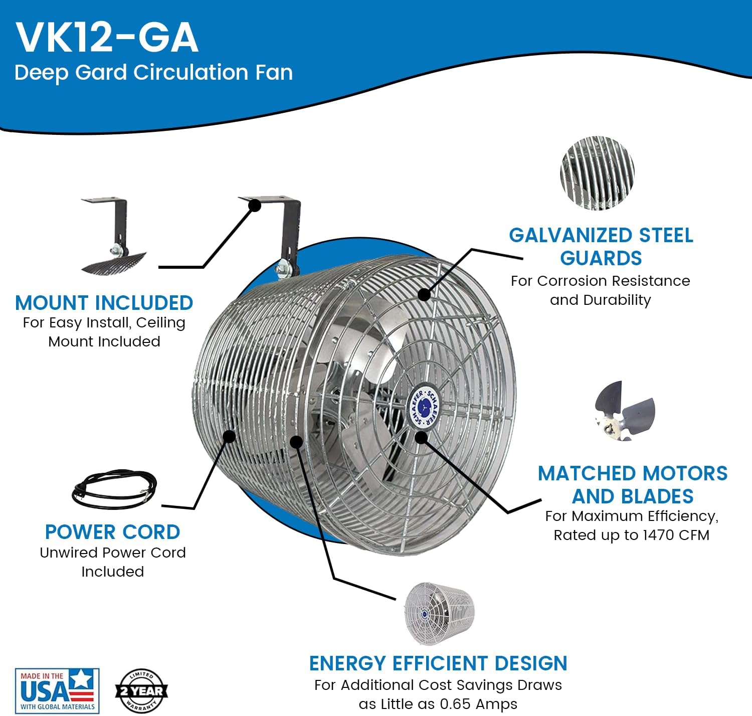Schaefer VK12-GA VersaKool Air Circulator Fan, Ceiling Wall Mount & Aluminum Blade, 1470 CFM, 1/10 hp, Energy-Efficient Commercial Fan for Patio, Garage, Industrial & Workshop (Silver)