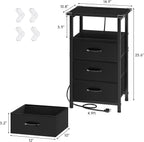 Vagusicc Night Stand Set 2 with Charging Station, LED Nightstand for Bedroom, Bedside Table with 3 Fabric Drawers, End Table Side Table with USB Ports & Outlets, Bed Side Table for Bedroom, Black