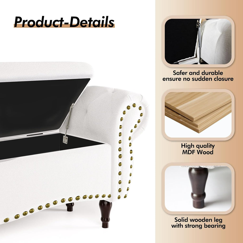 ZZW Storage Ottoman Bench, 51" Upholstered Bench & Ottoman with Safety Hinge, Tufted Bed Bench with Rolled Arm and Nailhead Trim, End of Bed Storage Bench for Bedroom, Living Room, Entryway White