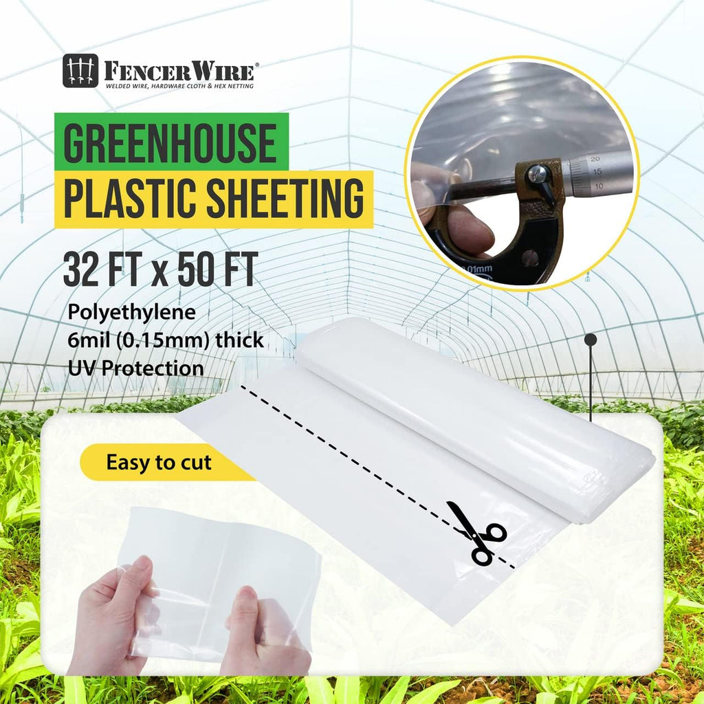 CAPHAUS 6 mil Clear Greenhouse Plastic Sheeting, 4-Year UV Resistant Polyethylene Film, Hoop House Cover for Horticulture, Gardening, Farming and Agriculture, 90% Light Transmittance, 32’ x 50’