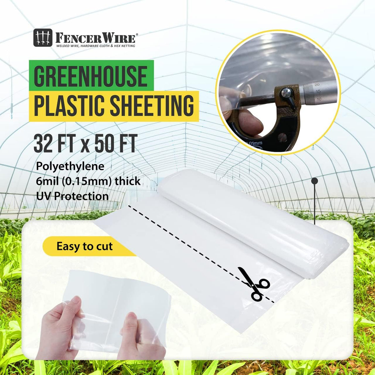 CAPHAUS 6 mil Clear Greenhouse Plastic Sheeting, 4-Year UV Resistant Polyethylene Film, Hoop House Cover for Horticulture, Gardening, Farming and Agriculture, 90% Light Transmittance, 32’ x 50’