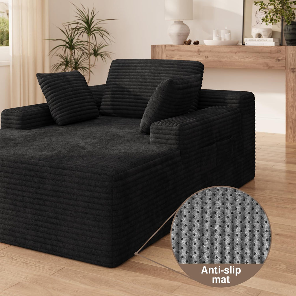 Ahomly 67" Chair, Chaise Lounge Chair Indoor with 3 Pillows, Black | No-Assembly Corduroy Chaise Lounge;Oversized chaise lounge with Side Pockets;Pet-Friendly Fuzzy Reading Chair