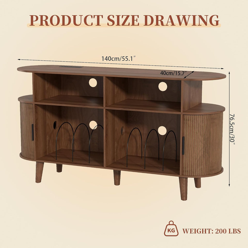 Large Walnut Record Player Stand with Charging Station, Mid-Century Turntable Stand Table, Vinyl Record Player Storage Cabinet for Bedroom, Living Room, Office