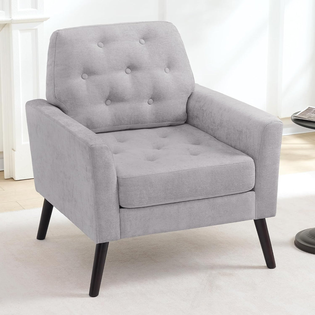 Accent Chair Set of 2, Mid Century Modern Living Room Chairs, Upholstered Armchair with Tufted Back & Wood Legs, Single Sofa Reading Side Chair for Bedroom Office Waiting Room, Light Grey