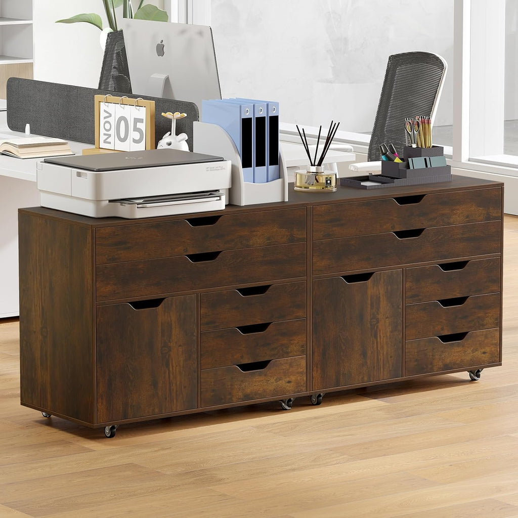 POWERSTONE Rolling File Cabinet 5-Drawer & One Side Door Storage Unit, Wood Printer Stand Drawer Cabinet with 5 Metal Wheels(2 Self-Locking) for Home Office, Coffee