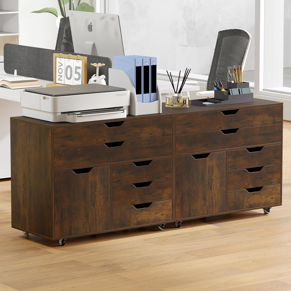 POWERSTONE Rolling File Cabinet 5-Drawer & One Side Door Storage Unit, Wood Printer Stand Drawer Cabinet with 5 Metal Wheels(2 Self-Locking) for Home Office, Coffee