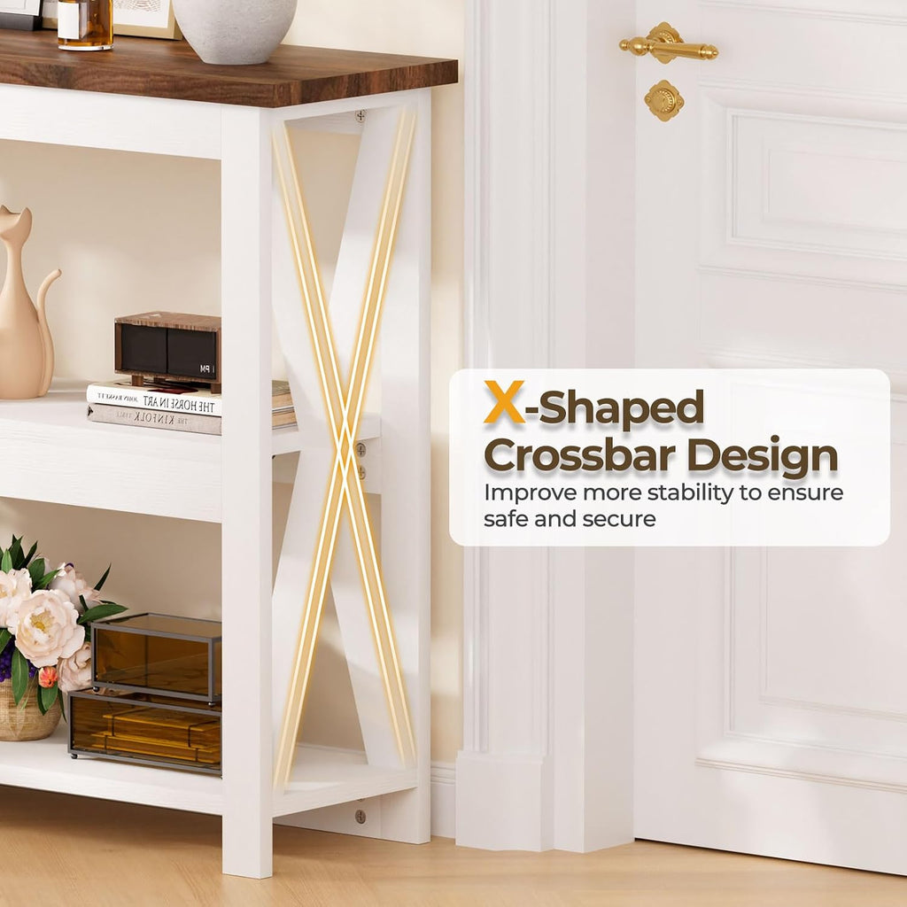 3-Tier Wood Entryway Table: 41" Narrow Console Shelf for Hallway - Farmhouse Sofa Desk Storage for Living Room (White)