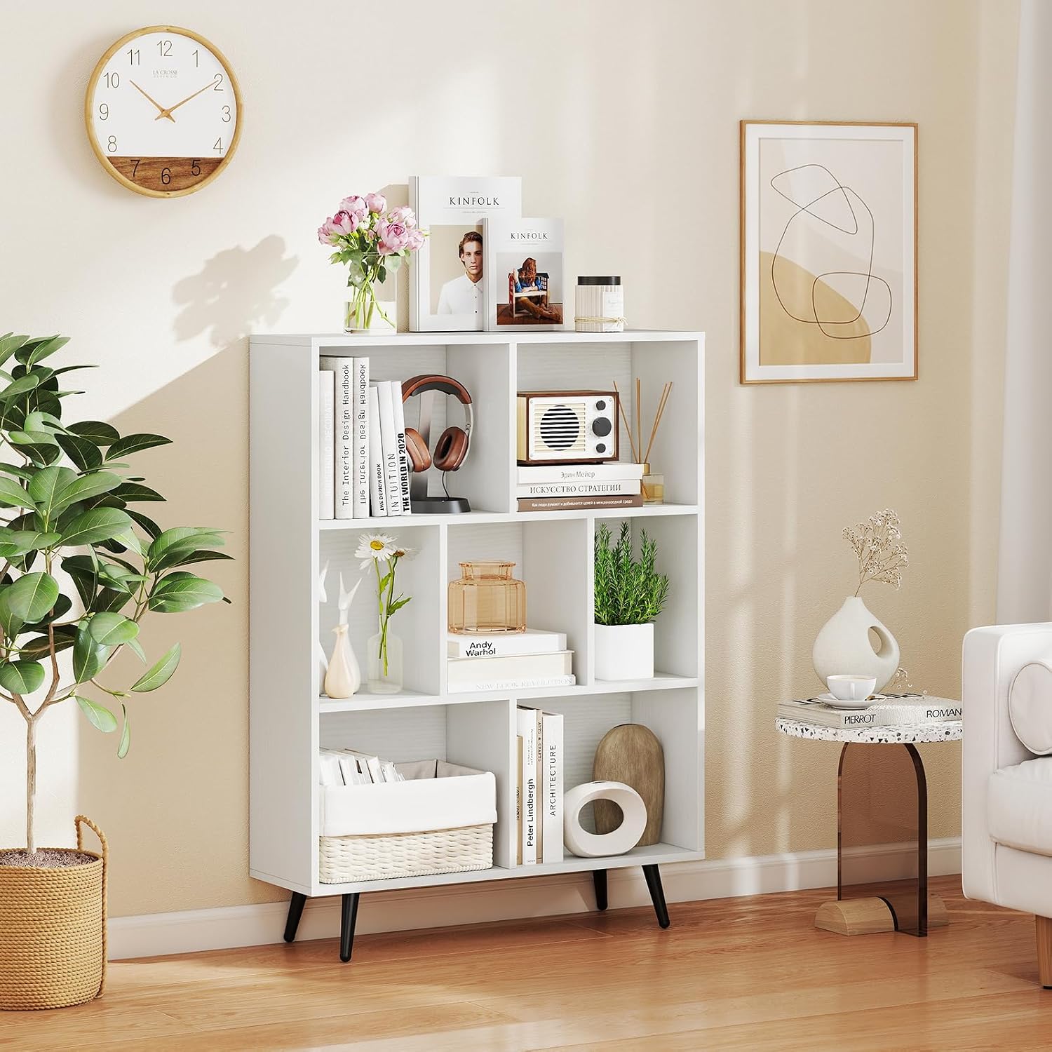 Giantex 7-Cube Bookcase, 3-Tier Modern Bookshelf with 4 Metal Legs, 31.5" Freestanding Open Storage Organizer with 2 Anti-tip Devices, Mid-Century Display Rack for Living Room (31.5" x 9.5" x 42")