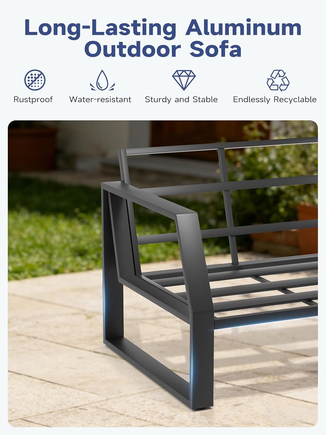 Oversized Outdoor Modern Patio Sofa for 3, 5" Thick Cushions, Deep Seat & Wide Armrests, Comfortable Aluminum All-Weather Rustproof UV-Resistant Frame for Garden, Backyard, Porch