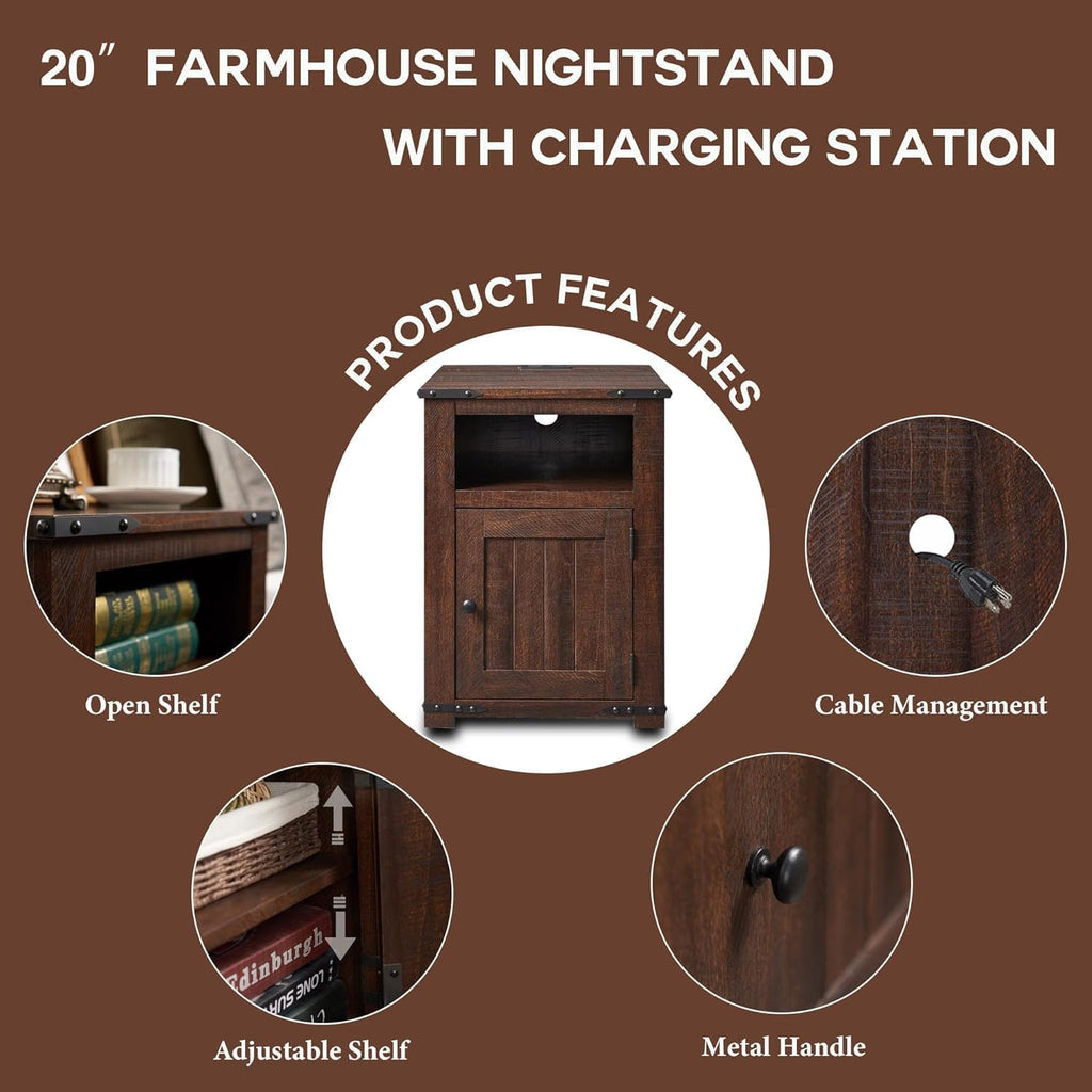 Farmhouse Night Stands Set of 2, 20" End Table w/Charging Station, Rustic Wood Bedside Table w/Groove Barn Door, Side Table with Storage w/Open & Adjustable Shelf for Bedroom, Living Room (Brown)