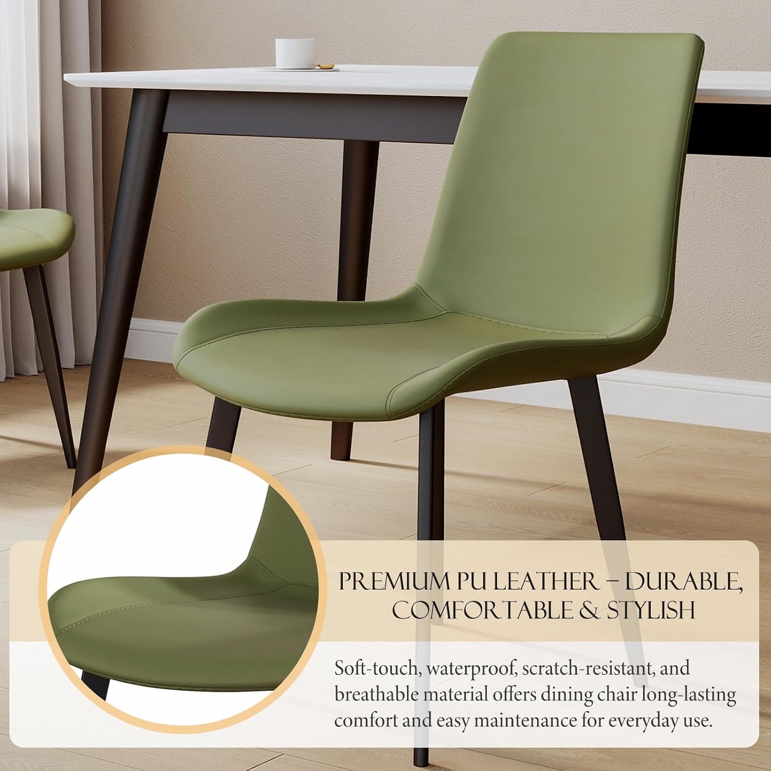 Modern Dining Chairs Set of 4, PU Leather Upholstered Dinner Chairs with Sturdy Metal Legs and Comfort Backrest, Armless Accent Side Chairs for Home Kitchen, Living Room (Green)