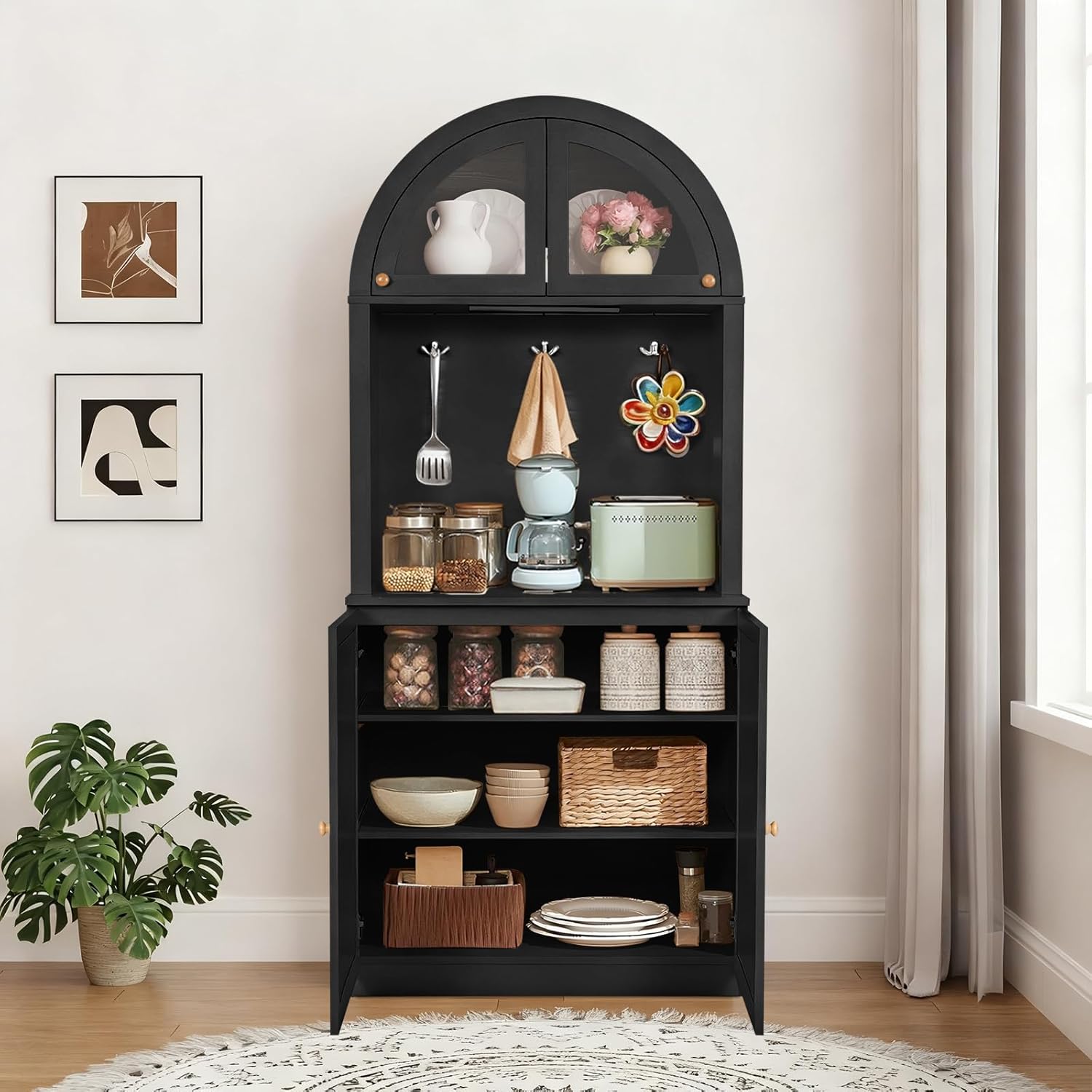 71" Tall Arched Kitchen Pantry Cabinet, Farmhouse Storage Cabinet with LED Light, Adjustable Shelves & Glass Door, Versatile Cupboard for Kitchen, Dining Room, Bathroom
