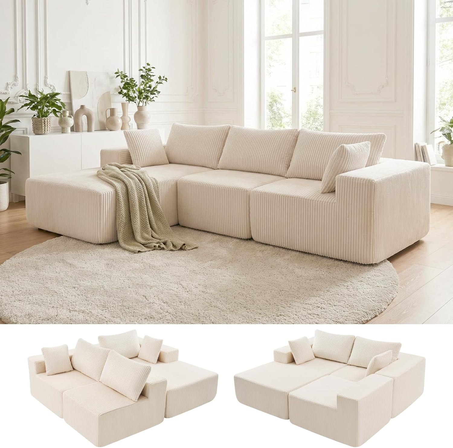 DUMOS 108" L-Shaped Sectional Couch, Left Facing Chaise | Upholstered Corduroy Sofa with 55.7'' Deep Seat for Living Room, Small Apartment, No Assembly in a Box, Creamy
