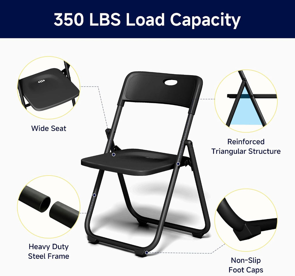 10 Pack Black Plastic Folding Chairs, Lightweight Foldable Chair with 350lbs Capacity, Portable Seat with Sturdy Steel Frame for Indoor & Outdoor Use