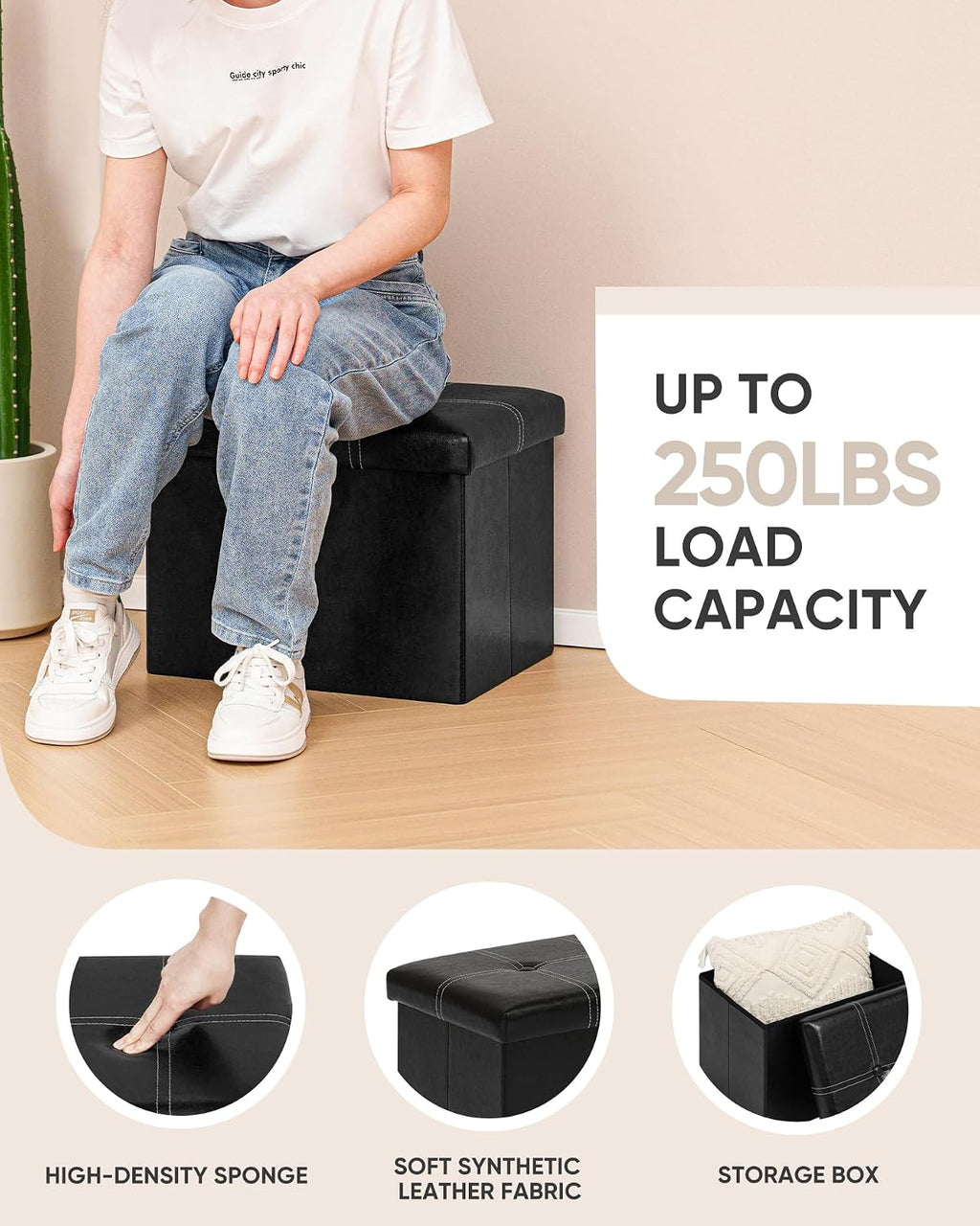 B FSOBEIIALEO Folding Storage Ottoman, 16.5" Faux Leather Ottomans, Black | Small Ottoman Foot Rest with Padded Seat, Rectangle Coffee Table Chest Bench, for Dorm Living Room