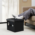 Bsketa Storage Ottoman Foot Rest Stool, Small Leather Storage Ottomans Bench, Folding Footstool with Side Pockets, Foot Rest Under Desk for Living Room Bedroom, 17x13x13 in, Black