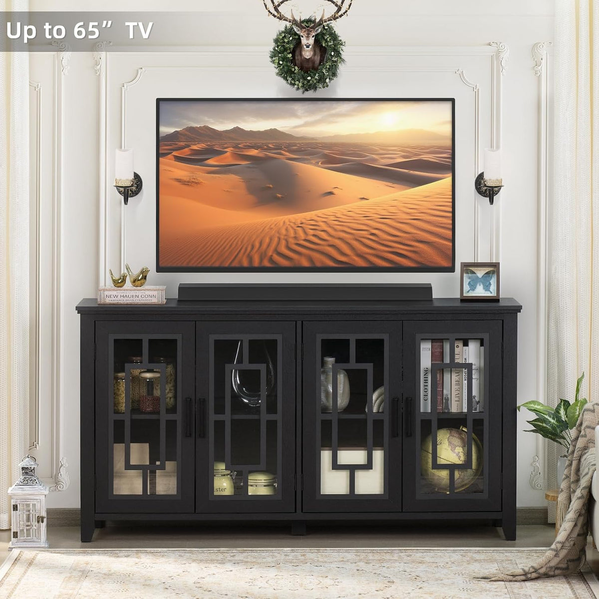 Joaxswe Large Sideboard Buffet Cabinet with Storage, 63" Farmhouse Credenza with 4 Glass Doors, Adjustable Shelves Console Table, Wood Kitchen Coffee Bar for Dining Room, Living Room, Black