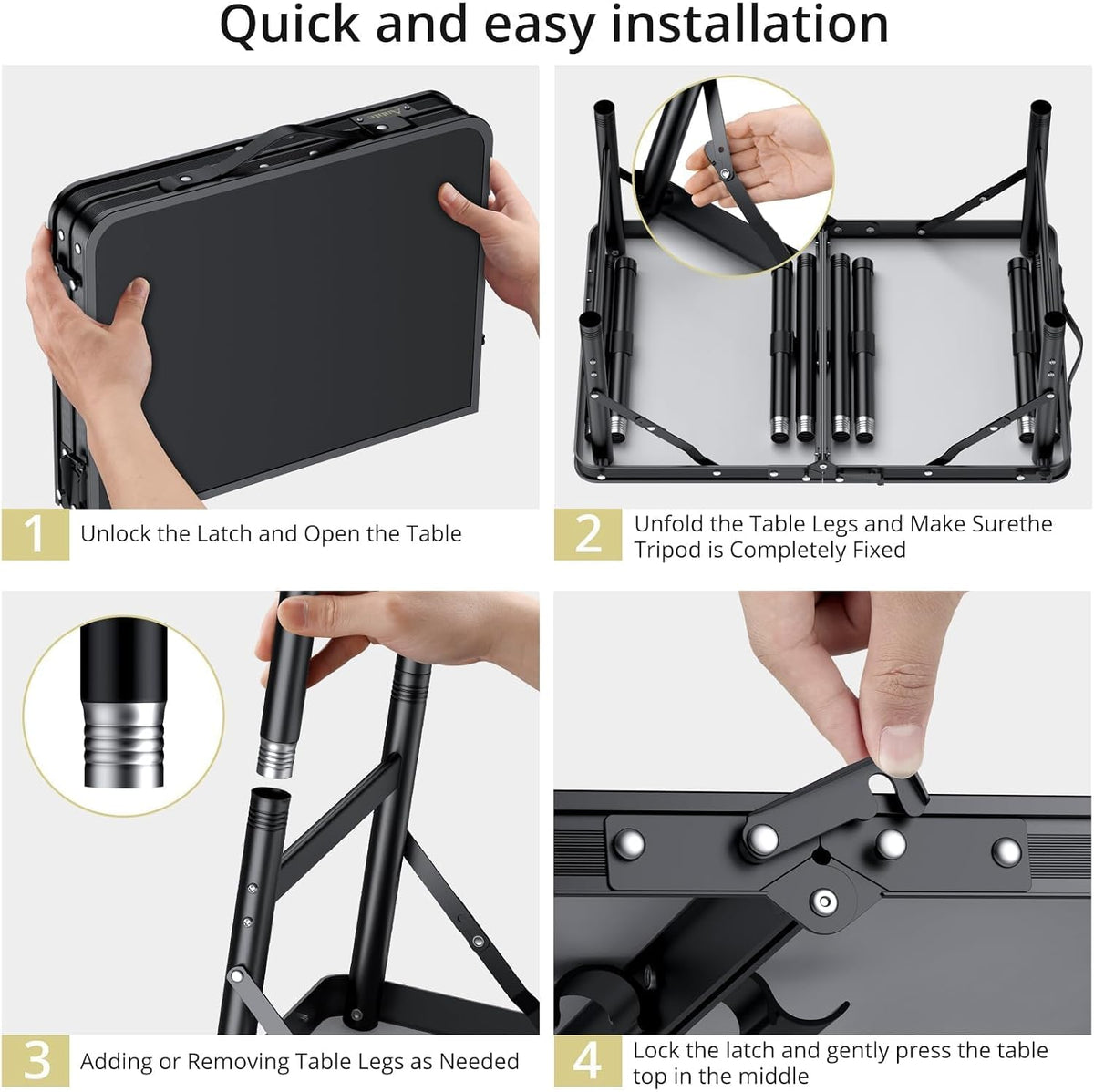Anbte 2ft Folding Camping Table, 3 Adjustable Height Max 29.5", 23" x 16" | Aluminum Small Folding Table with Storage Net &Portable Handle, Lightweight,for Travel Outdoor Beach Picnic Camping, Black