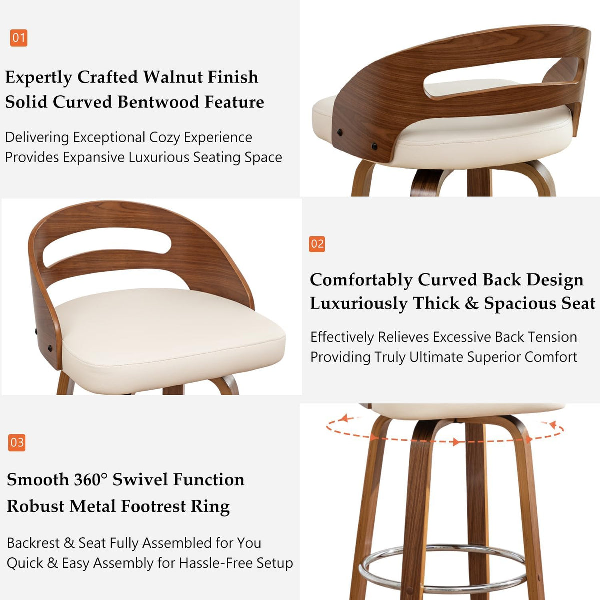 Swivel Bar Stools, 30 inch Mid Century Modern Bar Stools with Low Back | Solid Bentwood Frame, Walnut Finish, Wooden Legs, Faux Leather Upholstered Seat, Bar Chairs for Bar, Cafe, Pub, Restaurant