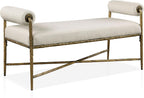 24/7 Shop at Home Lalia Upholstered 48-inch Metal Bench with Padded Roll Arms, Beige Fabric Seat, Hammered Forged Steel Frame, Modern Bedroom or Entryway, Matte Gold