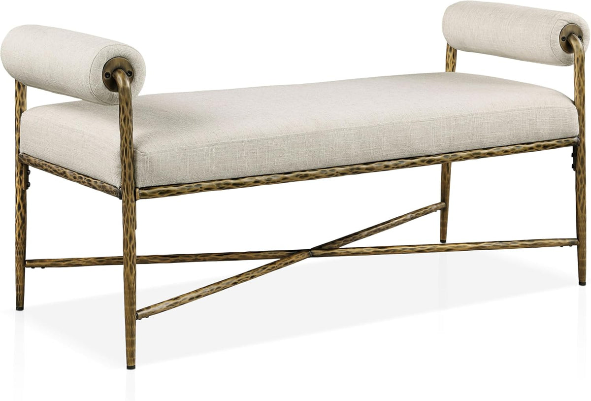 24/7 Shop at Home Lalia Upholstered 48-inch Metal Bench with Padded Roll Arms, Beige Fabric Seat, Hammered Forged Steel Frame, Modern Bedroom or Entryway, Matte Gold