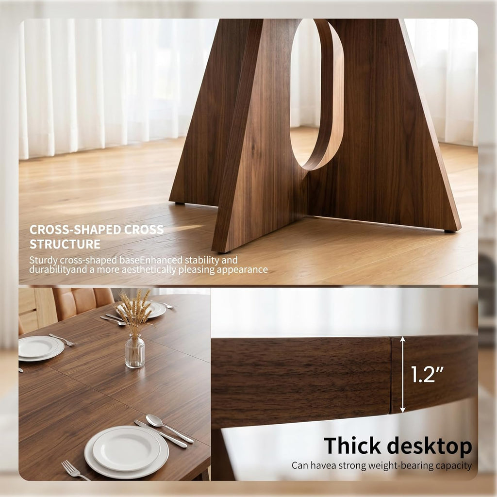 HIPIHOM Modern Round Expandable Dining Table Set for 6, 43.3"-59" Walnut Kitchen Table with 6 PU Leather Chairs, 7-Piece Mid-Century Dining Room Set