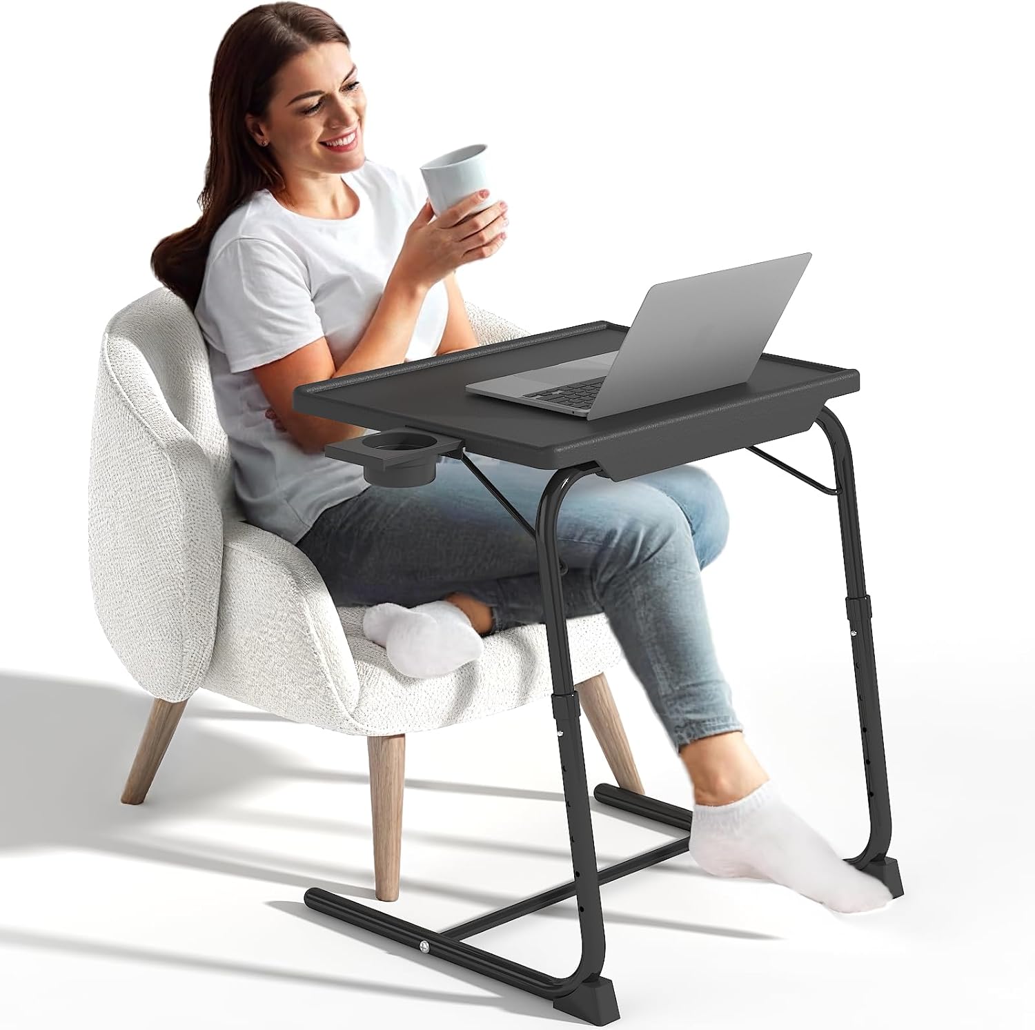 TV Tray Table, Adjustable TV Dinner Table for Eating on Couch with Cup Holder, Folding Couch Desk with 6 Height & 3 Tilt Angle Adjustments, Comfortable Laptop Stand for Bed & Sofa, Black