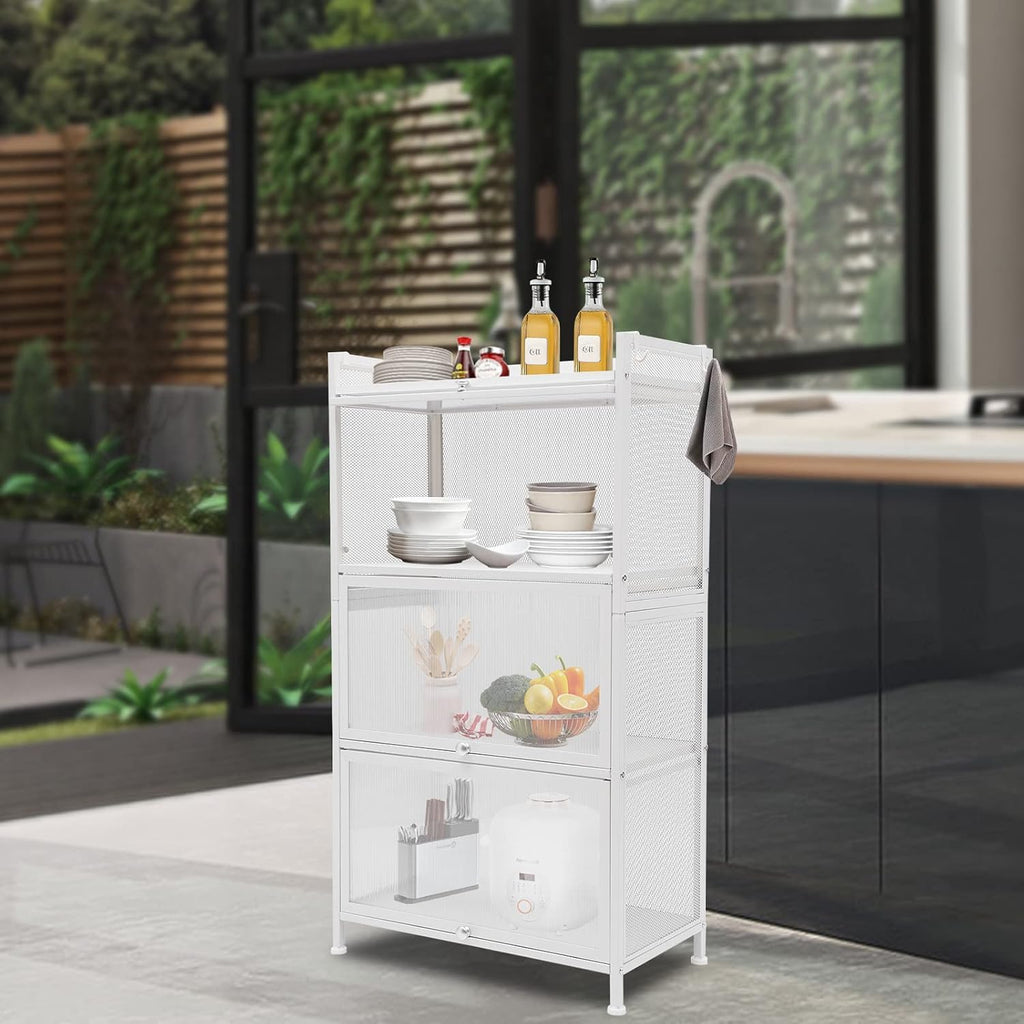 Kitchen Sideboard Pantry Cabinets with Hooks, 4 Tier Kitchen Organizer Shelf for Dishes, Wine, Pots and Pans with 4 Hooks, Modern Food Pantry Cabinets with Drawer for Kitchen Dining Living Room, White