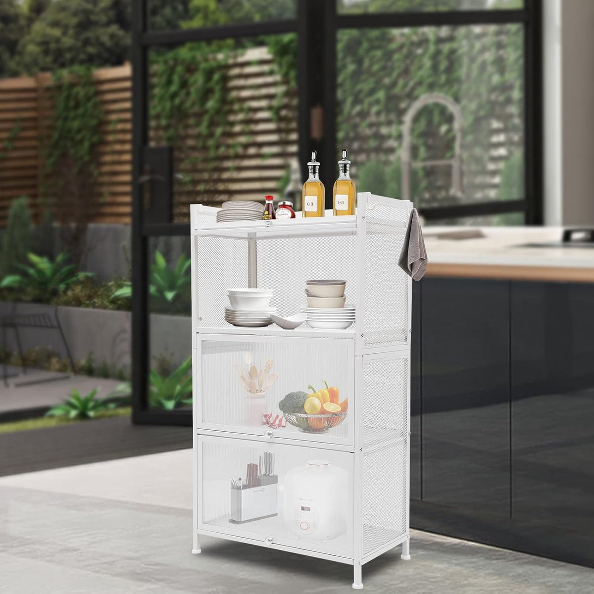 Kitchen Sideboard Pantry Cabinets with Hooks, 4 Tier Kitchen Organizer Shelf for Dishes, Wine, Pots and Pans with 4 Hooks, Modern Food Pantry Cabinets with Drawer for Kitchen Dining Living Room, White