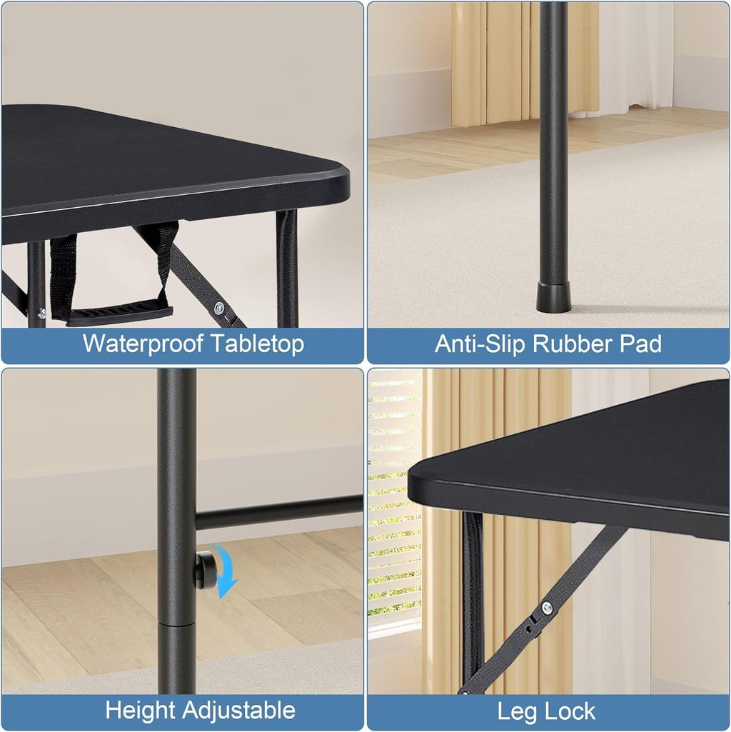 VECELO Folding Table 4 Foot with Mesh Bag, Indoor Outdoor Heavy-Duty Portable w/Handle,Fold-in-Half for Picnic, Party, Camping, Matte Black