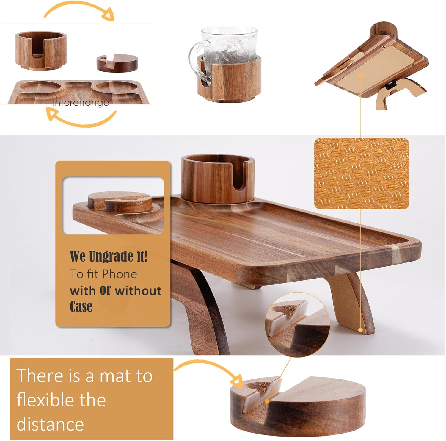 Nnewvante Couch Cup Holder Tray, 3 in 1 Large 15.36"x9.85" Acacia Wood Sofa Arm Clip on Tray Table with 360°Rotated Phone Holder on Armrest