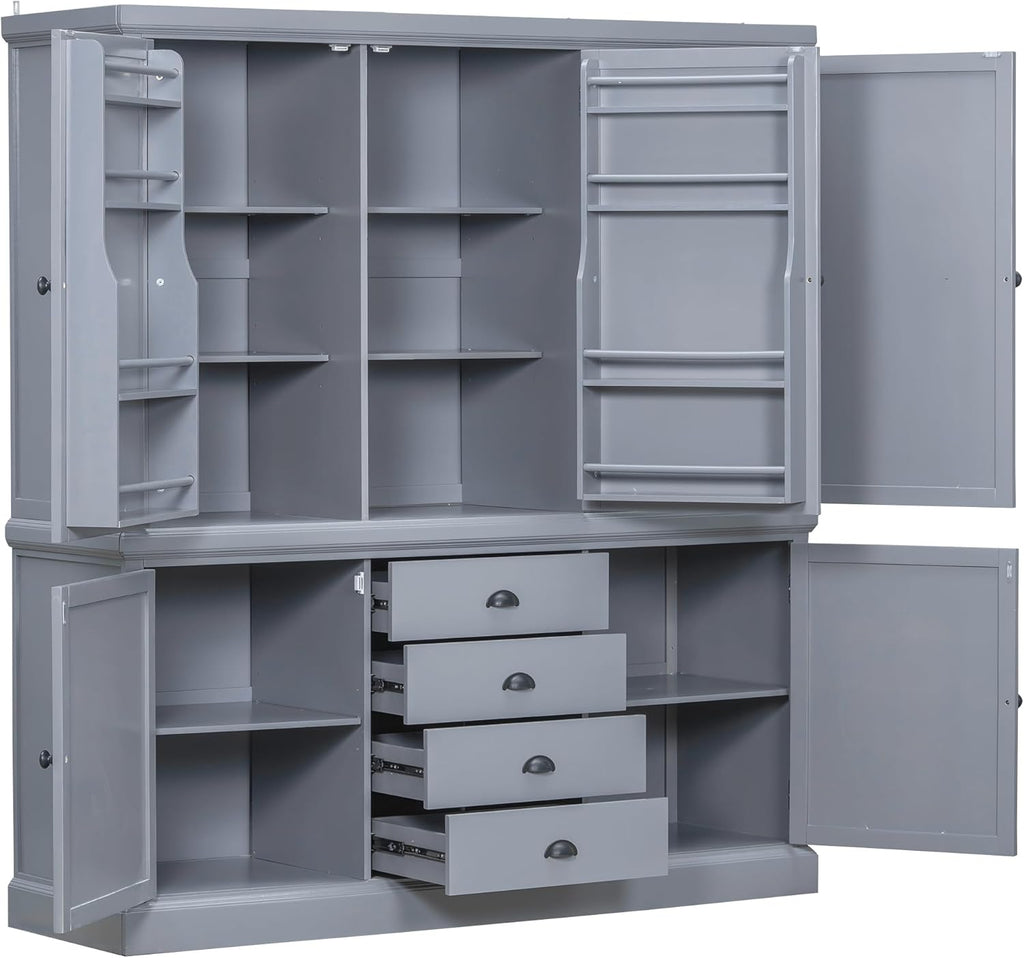 73'' Traditional Freestanding Wooden Kitchen Pantry, Large Kitchen Storage Unit Cupboard with Drawers Cupboard with Door Shelves and Adjustable Shelves (Gray-T)