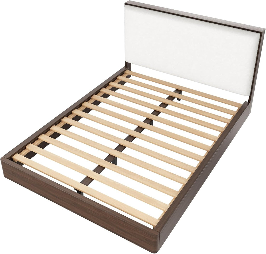 Merax Queen Platform Bed Frame with Bouclé Upholstered Headboard, Solid Wood Platform Bed, No Box Spring Needed, Noise-Free Modern Bed Frame for Bedroom, Walnut