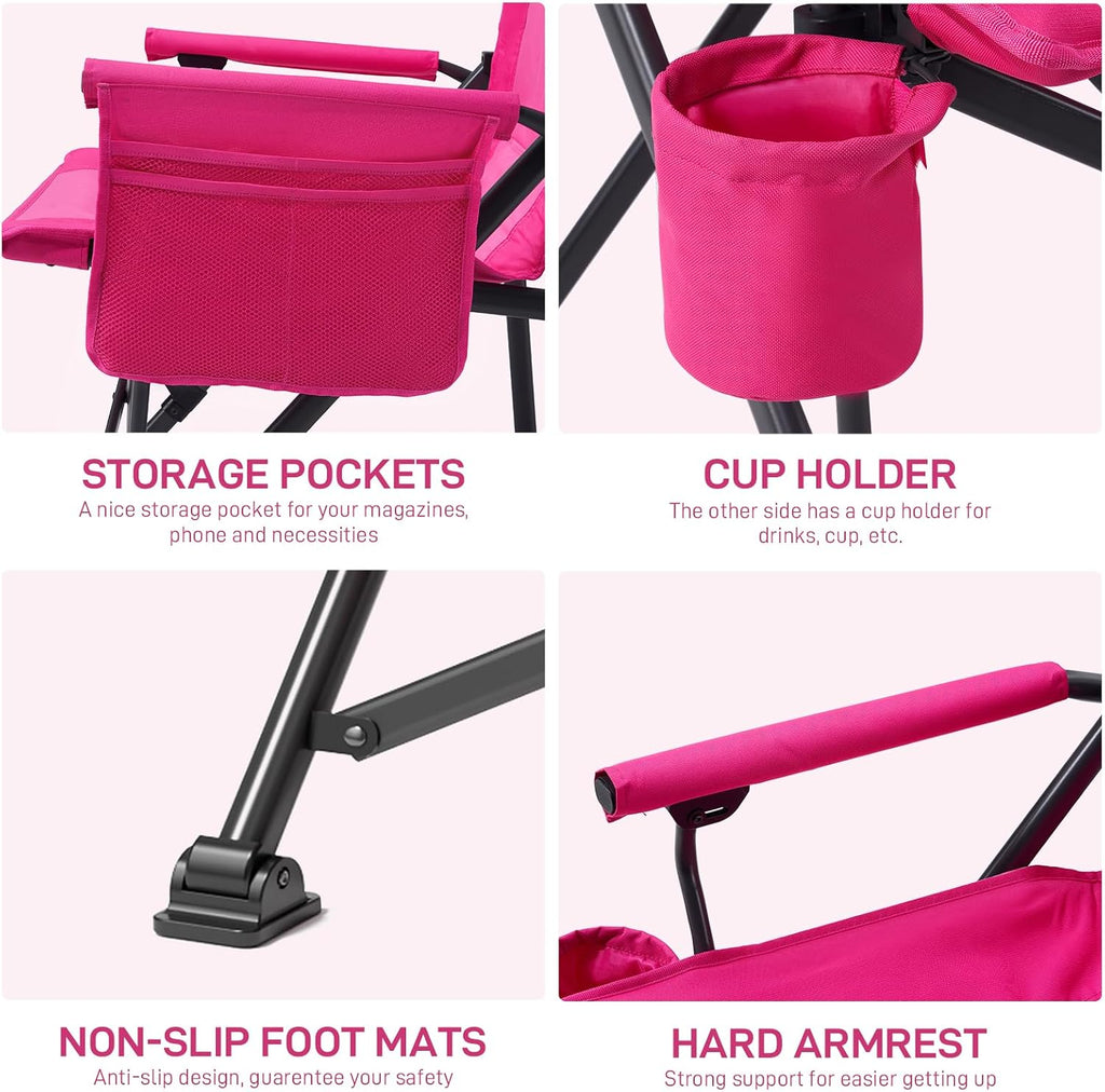 EVER ADVANCED Oversized Folding Women Camping Chair, for Adults Heavy Duty Lawn Chair with Side Pockets, Portable Collapsible Quad Chair for Outside, Support Up to 500lbs, Pink