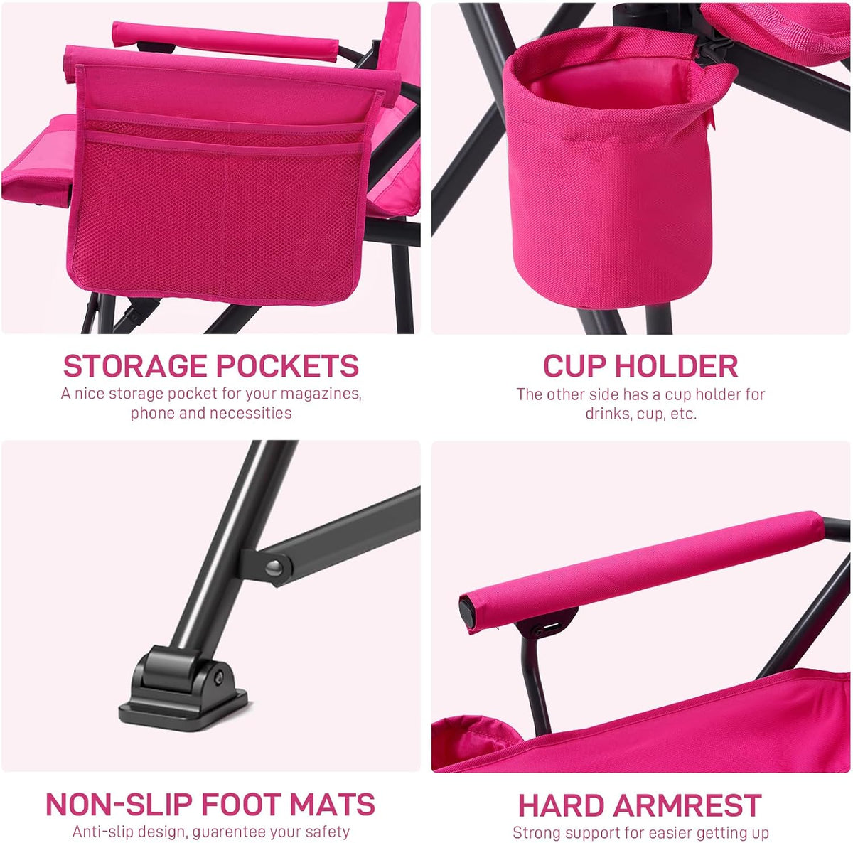 EVER ADVANCED Oversized Folding Women Camping Chair, for Adults Heavy Duty Lawn Chair with Side Pockets, Portable Collapsible Quad Chair for Outside, Support Up to 500lbs, Pink