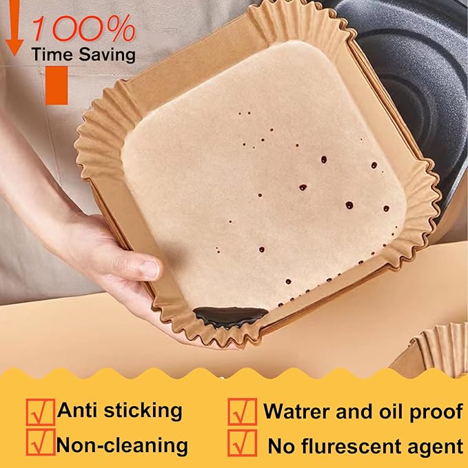Air Fryer Liners Disposable 9 Inch, 9 inch Air Fryer Liners 125 Pcs Large Square Air Fryer Paper Liners for 5QT 6qt 8QT Air Fryer, Non-stick Parchment Paper for Frying, Baking