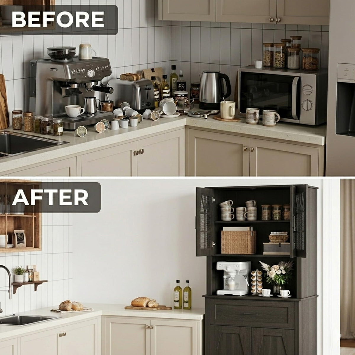 Kitchen Pantry Storage Cabinet with Doors and Shelves, Industrial Pantry Storage with Iron Mesh Doors for Kitchen Dining Room, Living Room, Black
