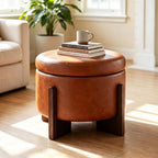 Leather Ottoman with Storage and Ash Wood Legs, Modern Foot Stool，Round Storage Ottoman Coffee Table for Living Room,Bedroom (Light Brown)
