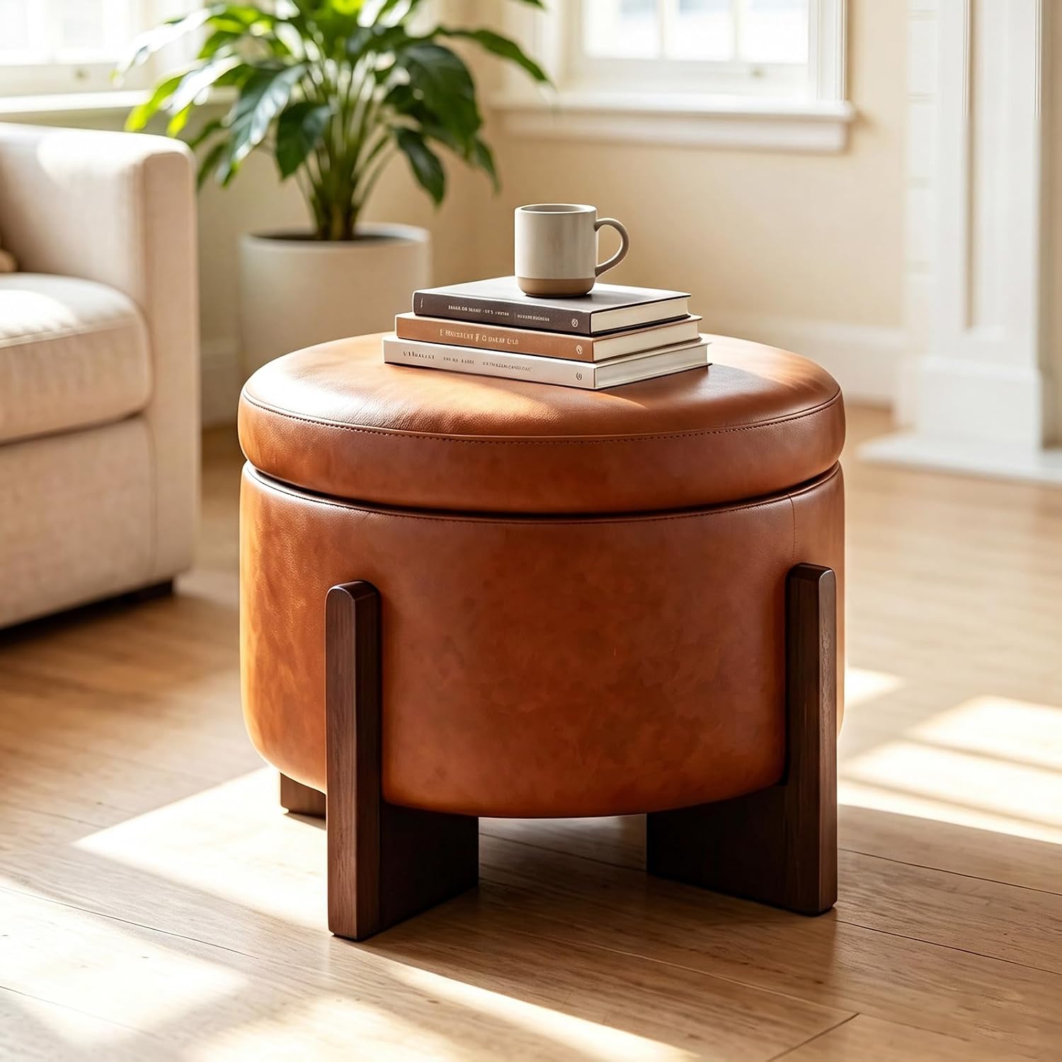 Leather Ottoman with Storage and Ash Wood Legs, Modern Foot Stool，Round Storage Ottoman Coffee Table for Living Room,Bedroom (Light Brown)