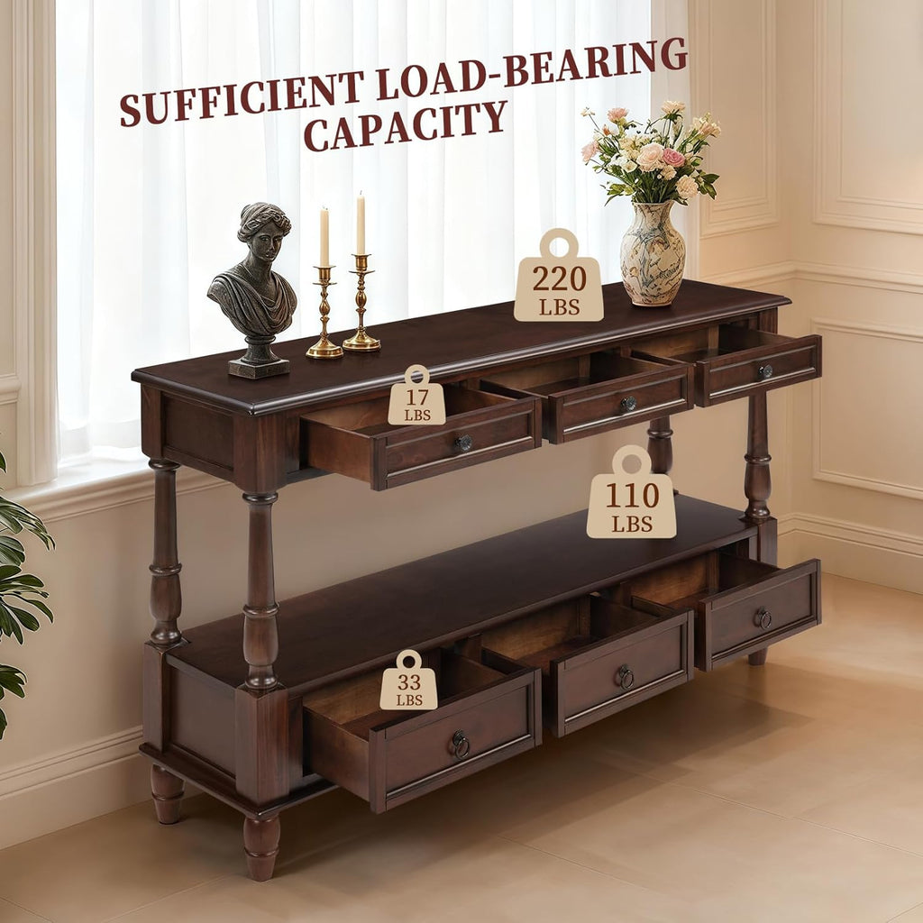 Vintage Solid Wood Console Table with 6 Drawers - 54" Hallway Sofa Table with Bottom Shelf for Entrance, Living Room & Foyer, Espresso