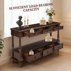 Vintage Solid Wood Console Table with 6 Drawers - 54" Hallway Sofa Table with Bottom Shelf for Entrance, Living Room & Foyer, Espresso
