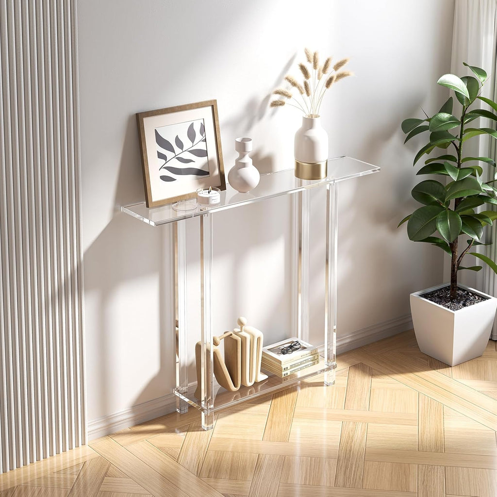 VEVOR Acrylic Narrow Console Table for Entryway, Clear Skinny Entry Side Table, 2-Tier Modern Transparent Sofa End Table, Square Legs, for Hallway, Foyer, Living Room, 7.6" D x 39.4" W x 31.5" H