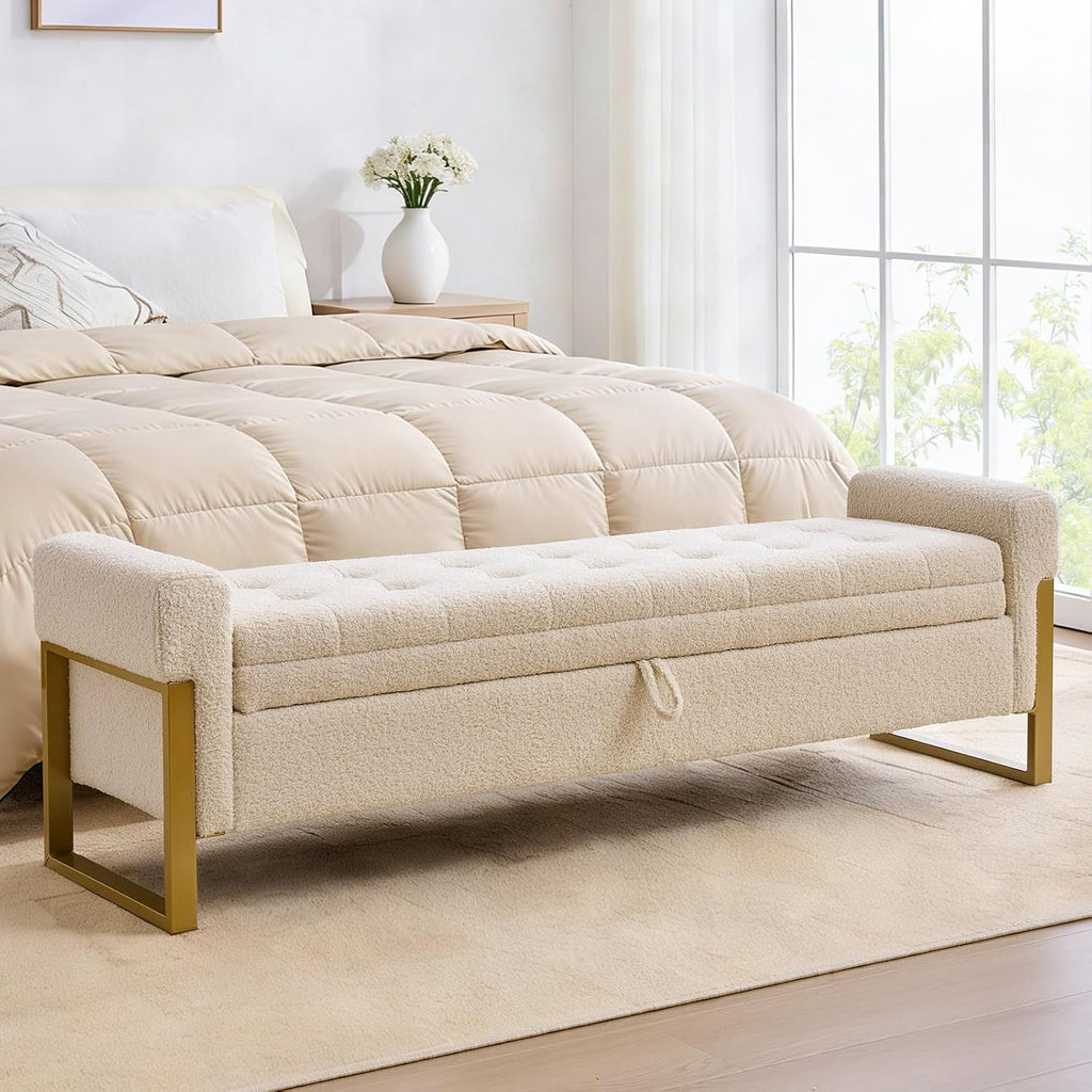 67" Storage Bench for Bedroom, King Size End of Bed Bench, Upholstered Storage Ottoman Bench with Golden Metal Legs, Bedroom Bench for Entryway (Teddy Beige)