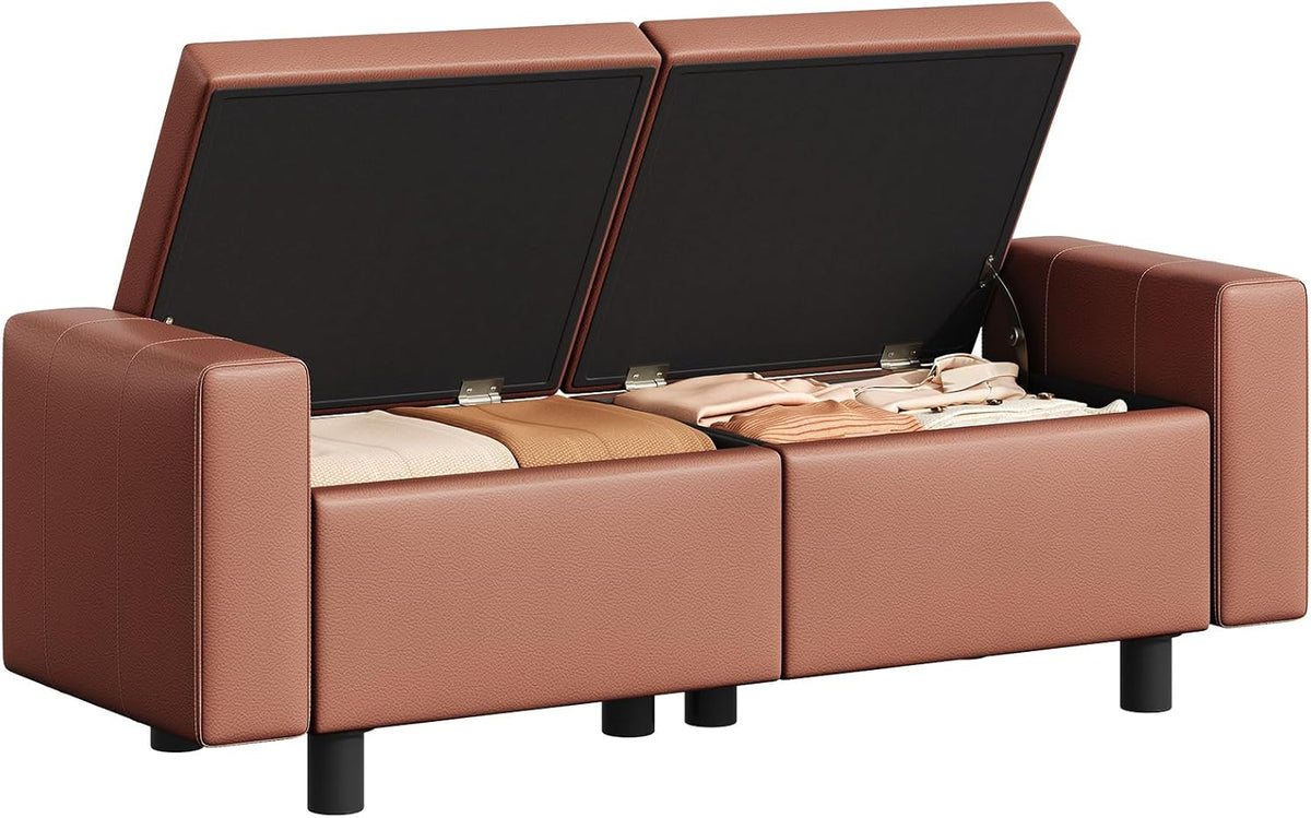 HOOBRO Ottoman with Storage, 46.7'' Storage Ottoman Bench with Safety Hinge, Storage Bench with Metal Legs, Synthetic Leather with Stitching Bench for Living Room, Entryway, Brown BR120CW01