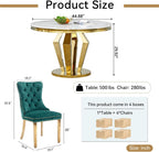 3-Piece Round Marble Dining Table Set for 4 with Velvet Chairs | Modern Faux Marble Kitchen Table with 4 Green Tufted Chairs,White Gold Dinner Tables Diamond Stainless Steel Pedestal Base