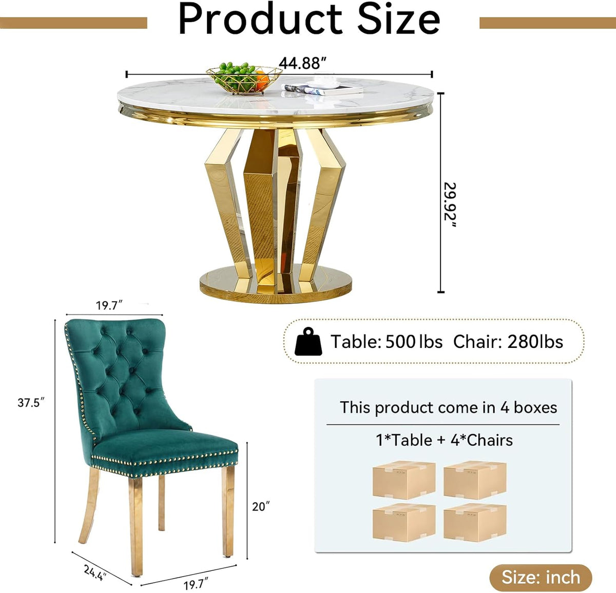 3-Piece Round Marble Dining Table Set for 4 with Velvet Chairs | Modern Faux Marble Kitchen Table with 4 Green Tufted Chairs,White Gold Dinner Tables Diamond Stainless Steel Pedestal Base