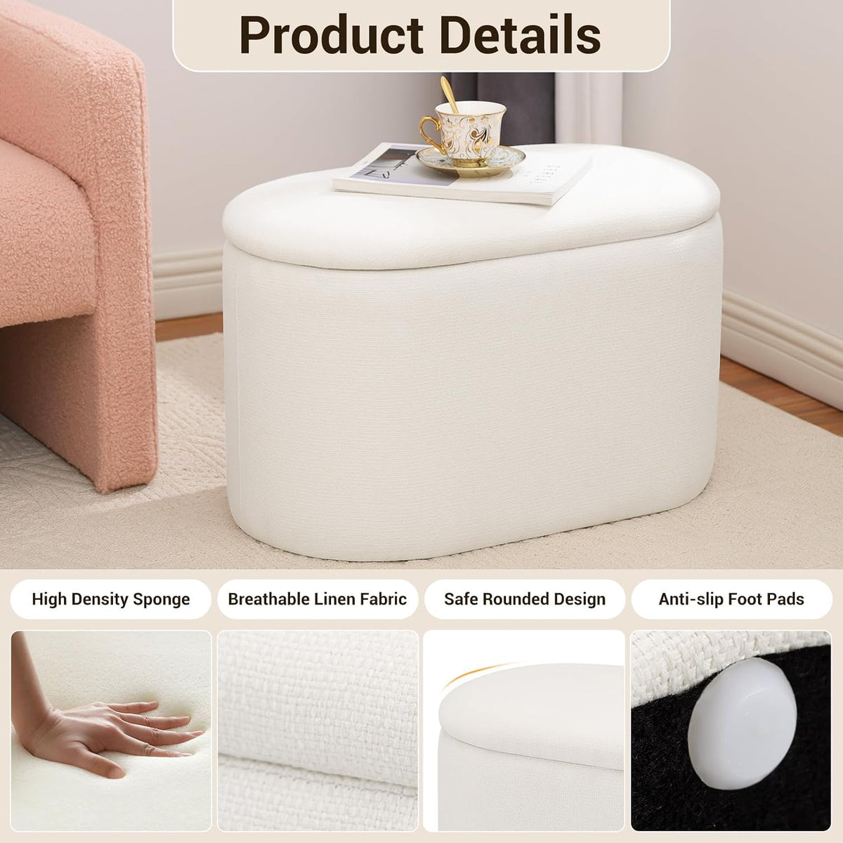 Oval Ottoman with Storage for Living Room, Modern Linen Fabric Foot Stools Ottoman, Upholstered Vanity Stool Foot Rest, Small White Storage Bench for Bedroom, Entryway, Dorm