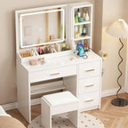 OTOQS Vanity Desk with Mirror and Lights,4 Drawers & Bench Vanity Desk Set | 3 Color Lighting Modes Adjustable Brightness Vanity for Bedroom Makeup Table